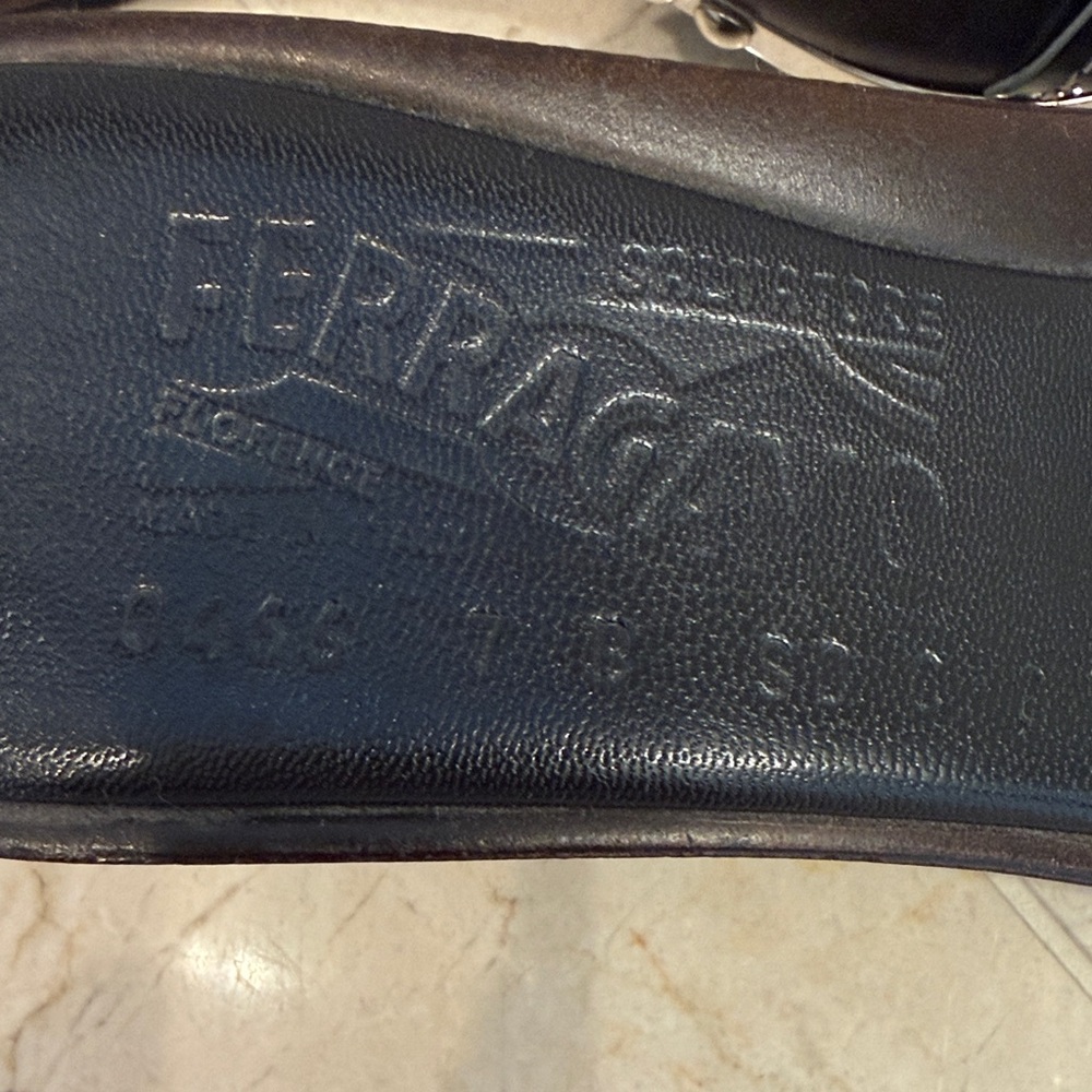 Salvatore Ferragamo Black Leather Wedge Slide Sandals with Silver Accents - Picture 2 of 4
